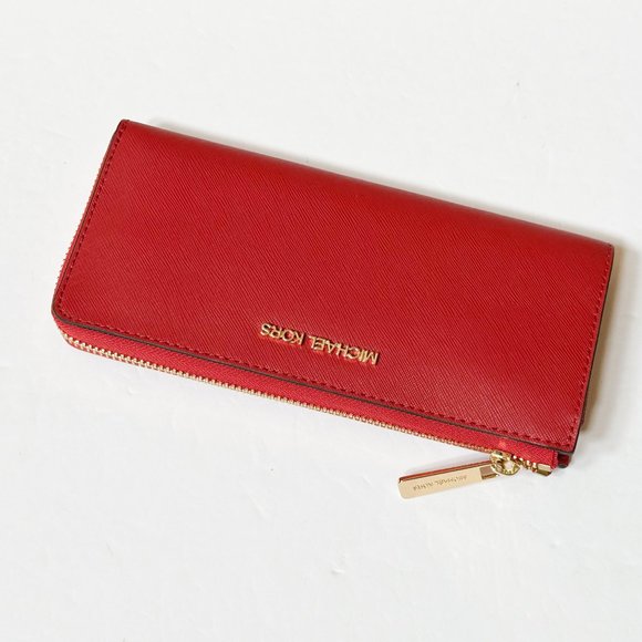 Michael Kors Jet Set Travel Large Three Quarter Zip Leather Wallet Red Chili - Picture 4 of 12